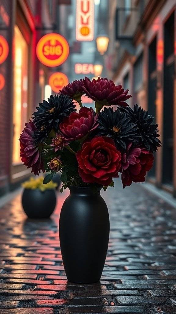 A bouquet of dark red and black flowers in a sleek black vase, set in a foggy alley with warm shop lights in the background.