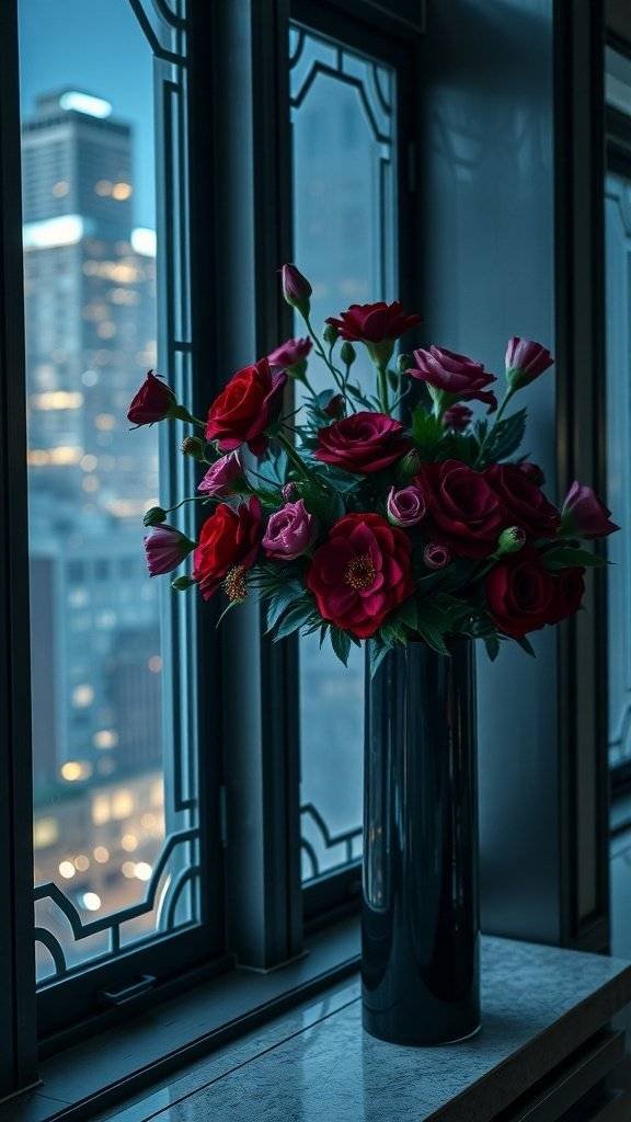 Art Deco window display featuring a bouquet of red and pink roses in a black vase against a city skyline.