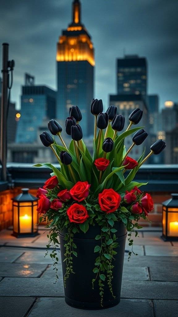 A rooftop garden featuring red roses and black tulips with lanterns and the Empire State Building in the background.