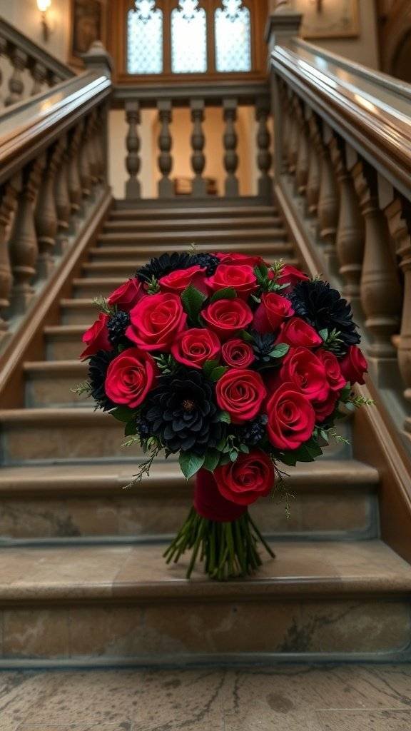 A floral cascade of red roses and dark blooms on a staircase