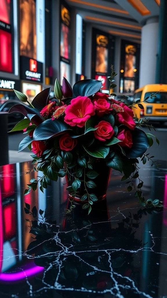 A vibrant flower arrangement featuring red roses and lilies on a black marble table.