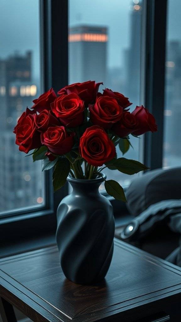 A sleek black vase with red roses on a bedside table, with a city skyline in the background.