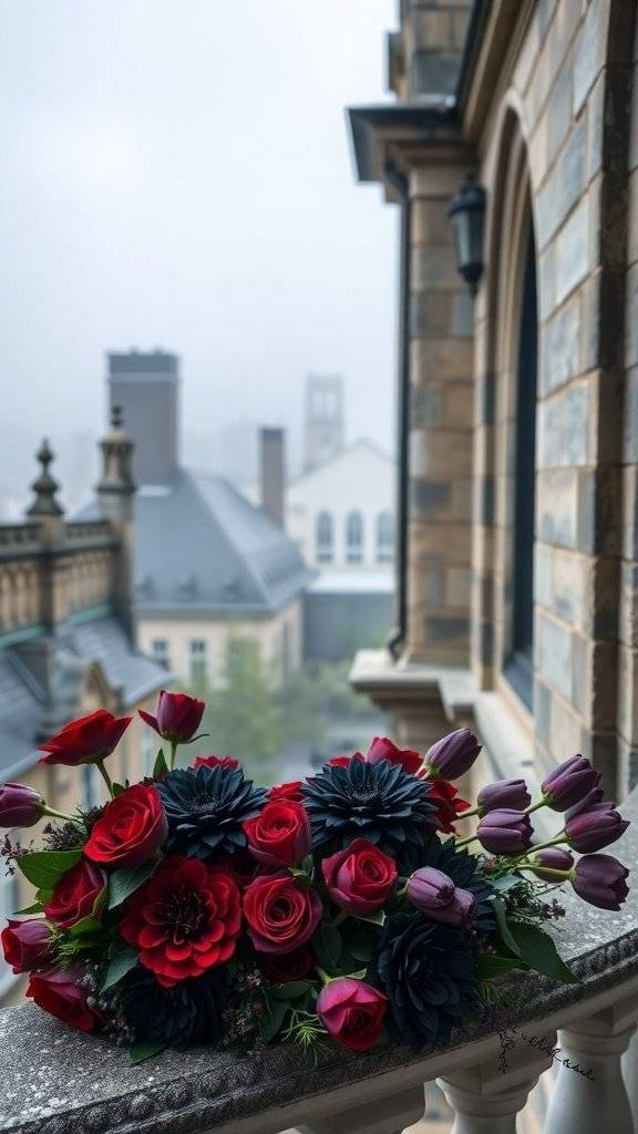 A foggy balcony with a bold arrangement of Valentine’s Day flowers featuring red roses, dark dahlias, and tulips.