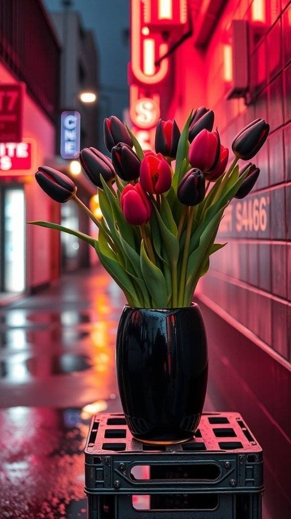 A black vase filled with red and purple tulips in a neon-lit alleyway
