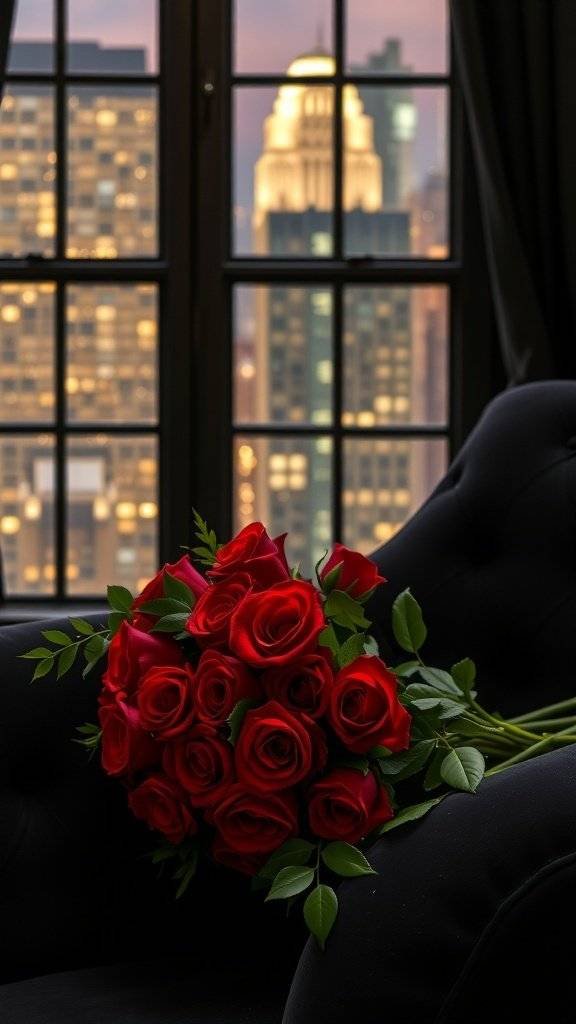 A bouquet of red roses on a vintage black armchair with a city skyline in the background.