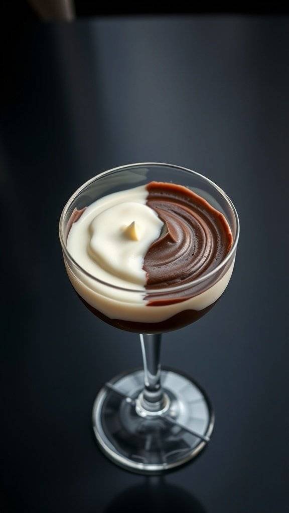 A glass of dichotomous chocolate mousse with dark chocolate on one side and white chocolate on the other.