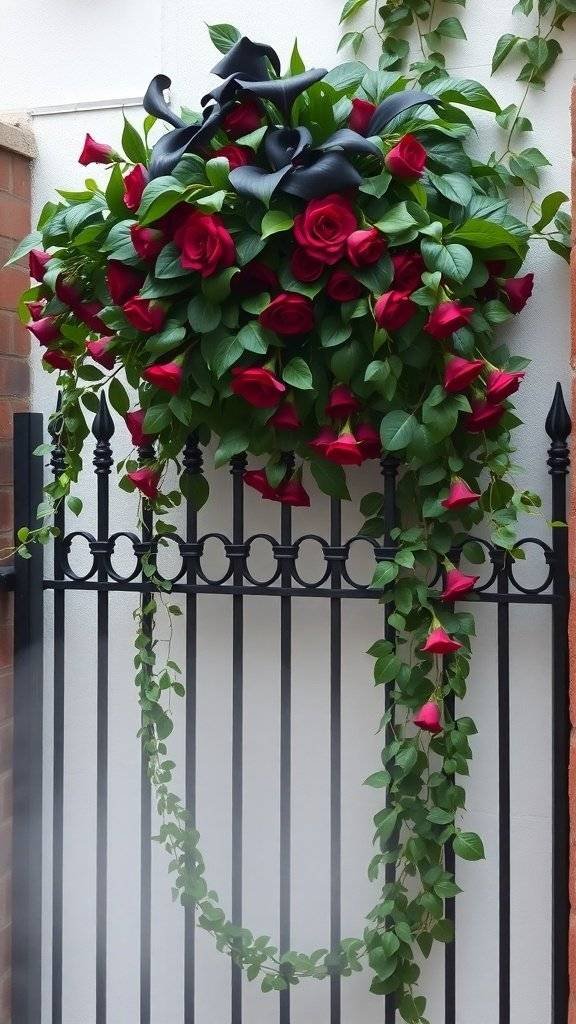 Gothic gate hanging arrangement with red roses and black accents
