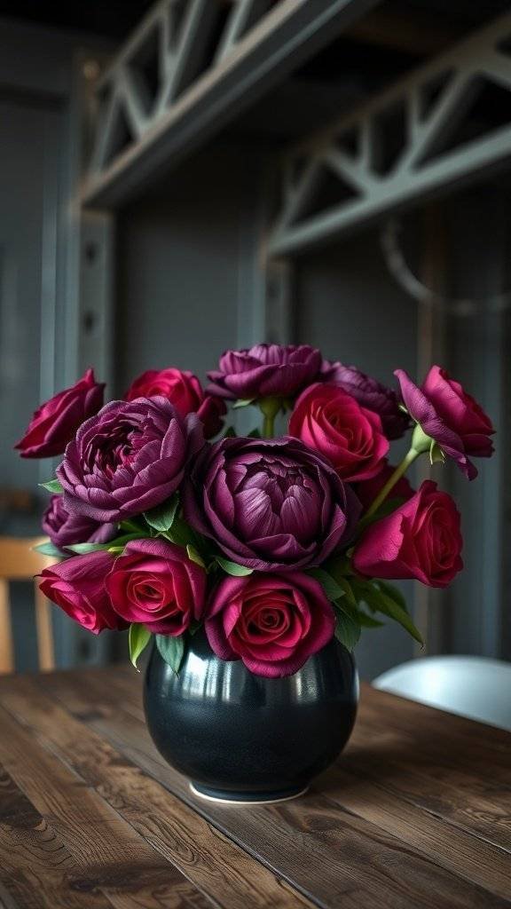 A bouquet of deep red and purple flowers in a black vase on a wooden table in an industrial loft setting.