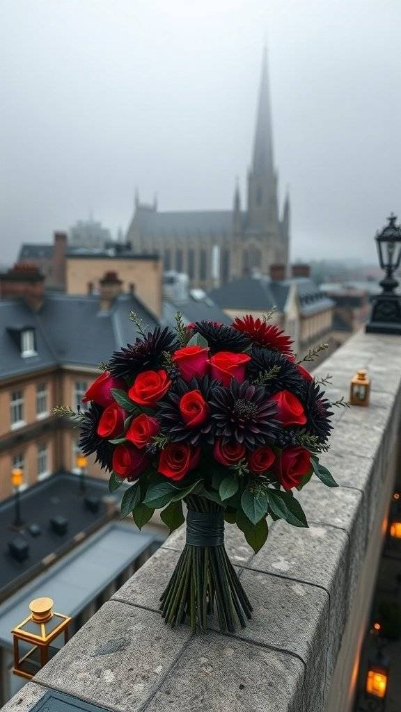 A bouquet of red roses and dark flowers on a stone ledge with a candlelit rooftop and a distant spire in a misty cityscape.