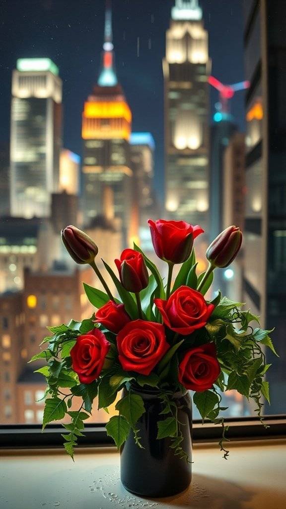 A bouquet of red roses and tulips in a black vase on a rainy window sill with a city skyline in the background.