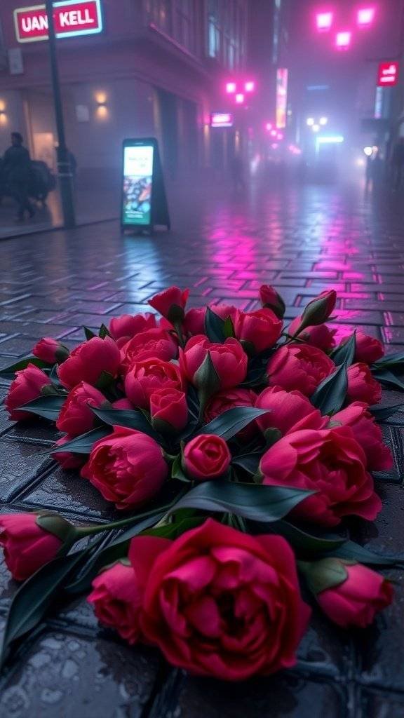 A vibrant arrangement of pink tulips on a cobblestone alley floor, with neon lights glowing in the background.