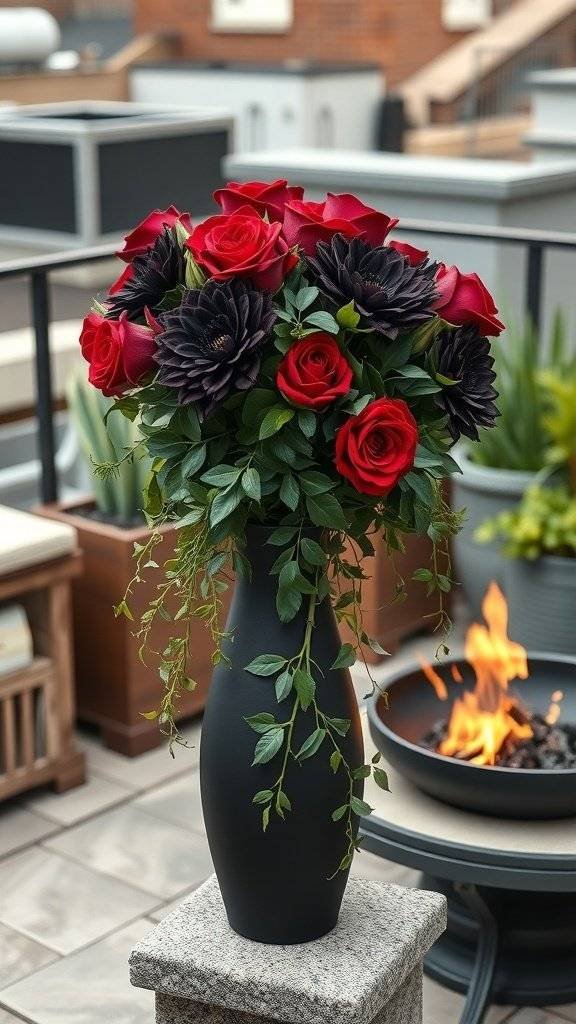 A beautiful arrangement of red roses and dark flowers in a black vase next to a rooftop fireplace.