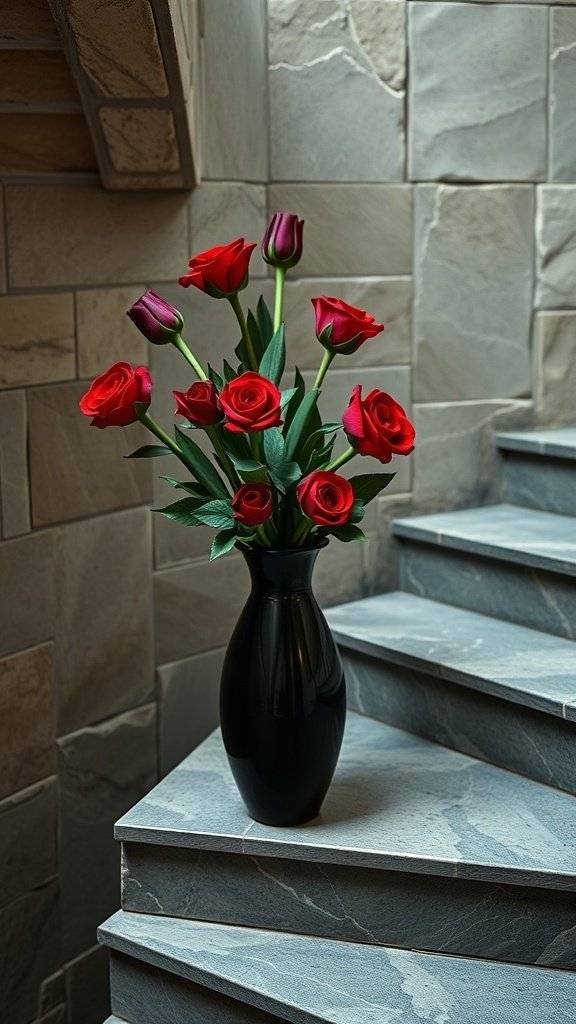 A black vase with red and purple roses on a stone staircase