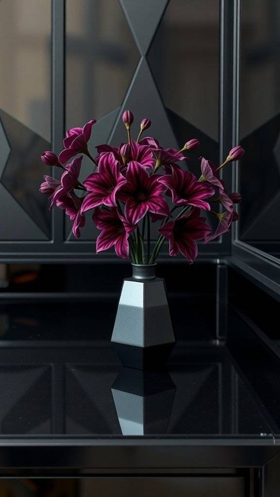Art Deco desk arrangement with vibrant purple lilies in a geometric vase