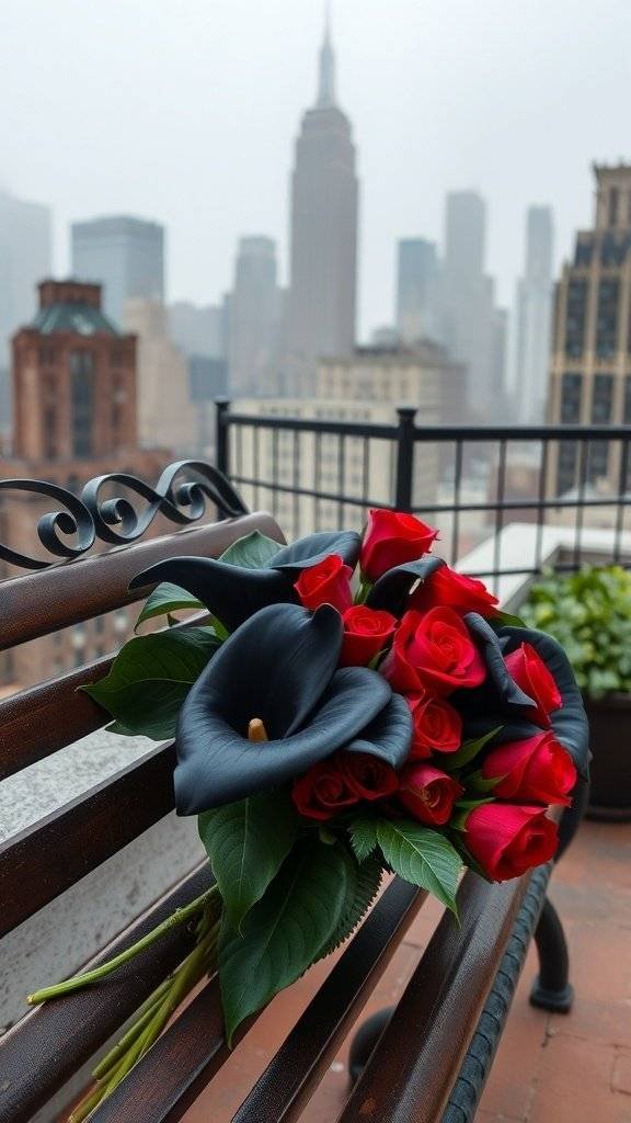 A bouquet of red roses and black calla lilies on a foggy rooftop garden bench with a city skyline in the background.