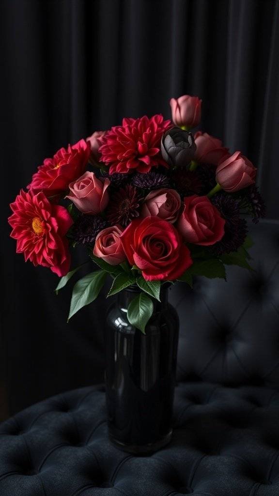 A bouquet of red and pink flowers in a black vase on a velvet table.