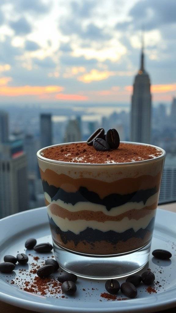 A glass of tiramisu with coffee beans and cocoa powder, set against a city skyline.