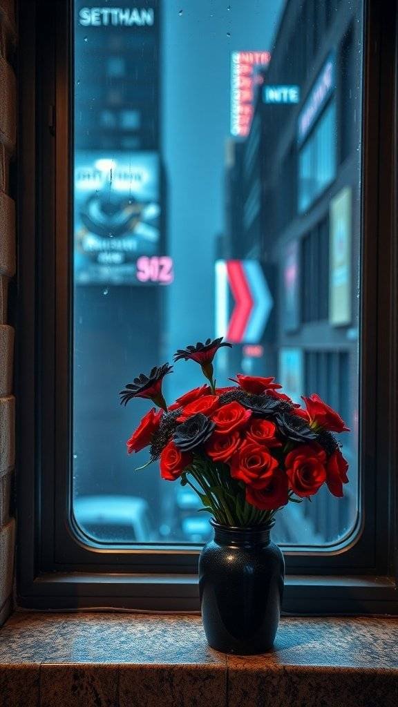 A window display featuring a bouquet of red roses and dark flowers, set against a city backdrop with neon signs.