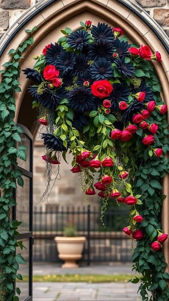 A Gothic archway adorned with a hanging bouquet of black flowers and red roses, surrounded by lush greenery.