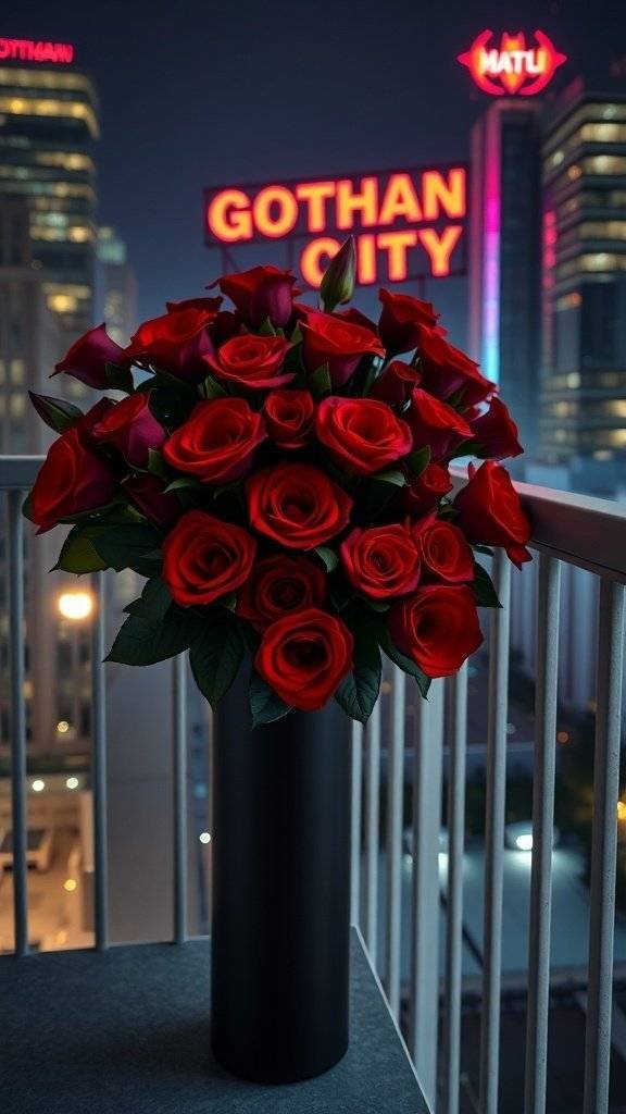 A bouquet of red roses in a black vase on a balcony with neon signs of Gotham City in the background.