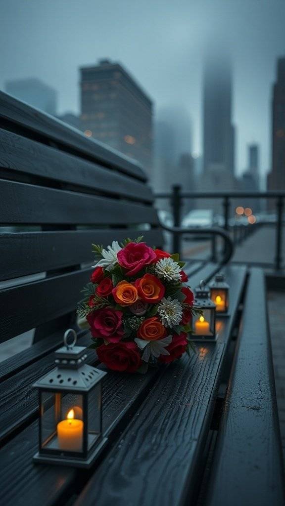 A bouquet of roses and flowers on a rooftop bench with lanterns and city buildings in the background