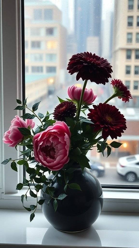 A floral arrangement with peonies and dahlias in a dark vase by an industrial loft window, overlooking a rainy cityscape.