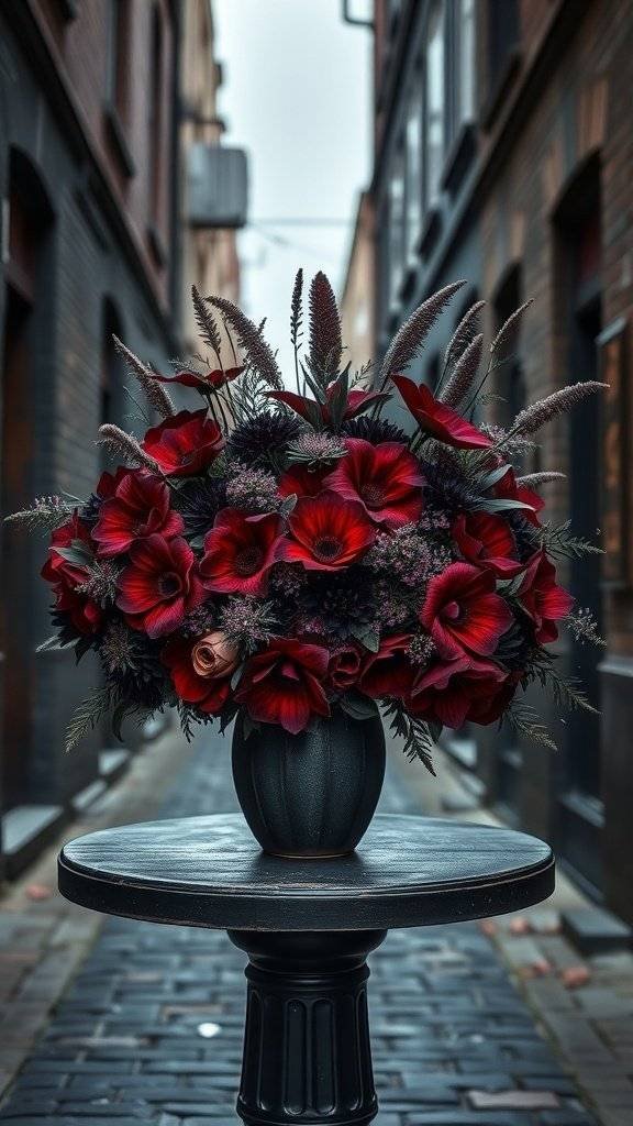 A bold floral centerpiece with deep red flowers in a dark vase on a cobblestone table in an alley.
