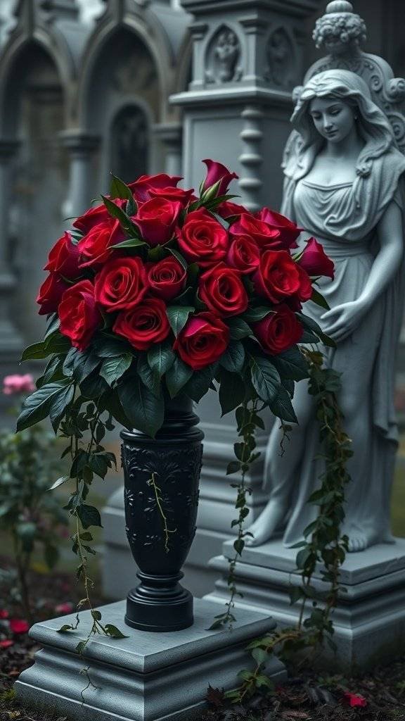 A garden statue beside a bouquet of red roses in a foggy setting.