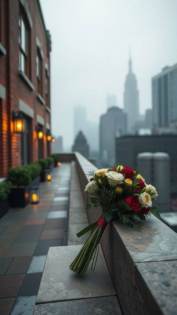 A bouquet of flowers on a rooftop ledge with city skyline and lanterns
