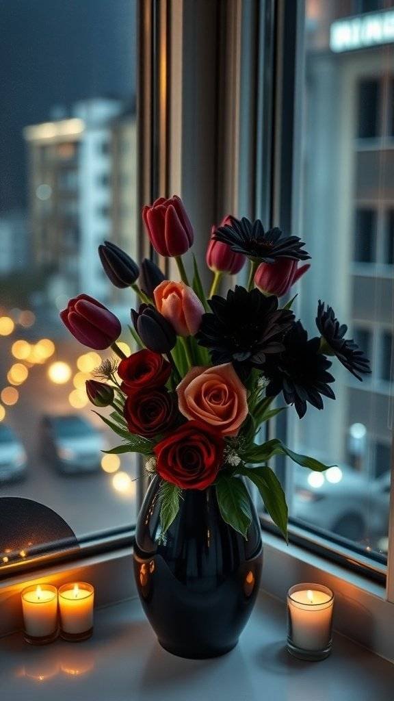 A window sill display featuring a bouquet of flowers in a black vase and three lit candles.