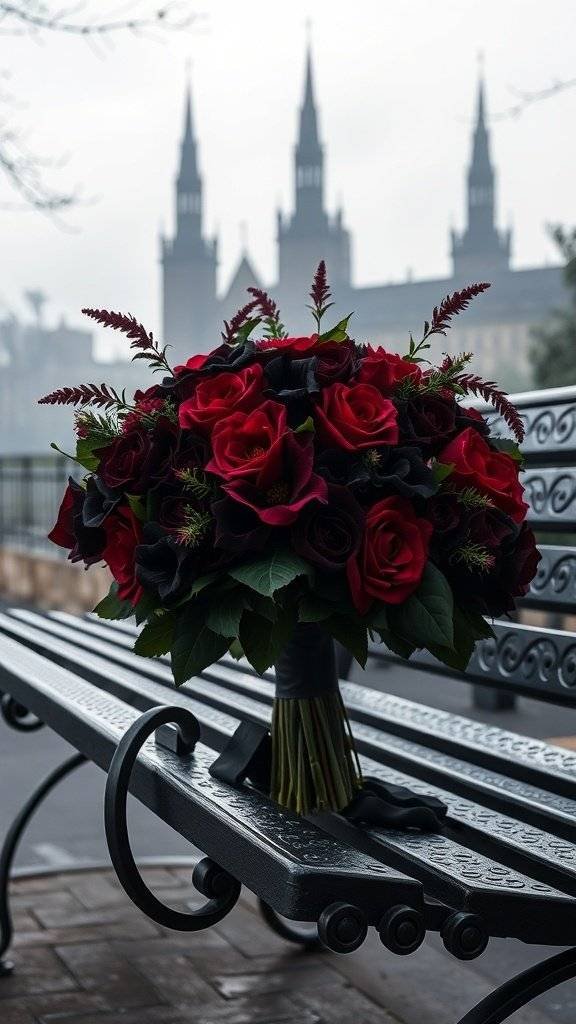 A bouquet of red and black roses on a gothic-style bench with spires in the background.