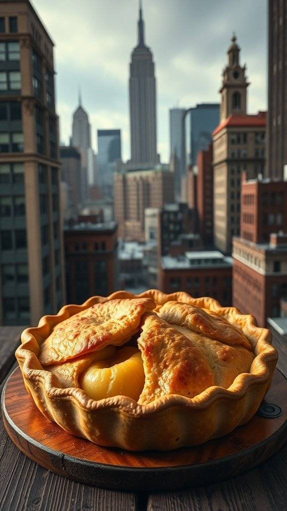 A classic apple pie with a golden crust, set against a Gotham City skyline.