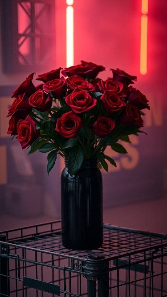 A bouquet of red roses in a black vase on an industrial metal crate.