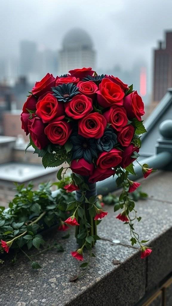 A bouquet of red roses with dark blue accents on a rooftop with a foggy cityscape in the background.