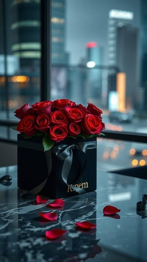 A black gift box with red roses, elegantly arranged, on a marble table with city lights in the background.