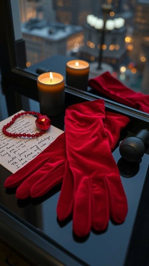 A pair of red velvet gloves, a handwritten love note, candles, and a red bracelet on a black surface with a city view in the background.