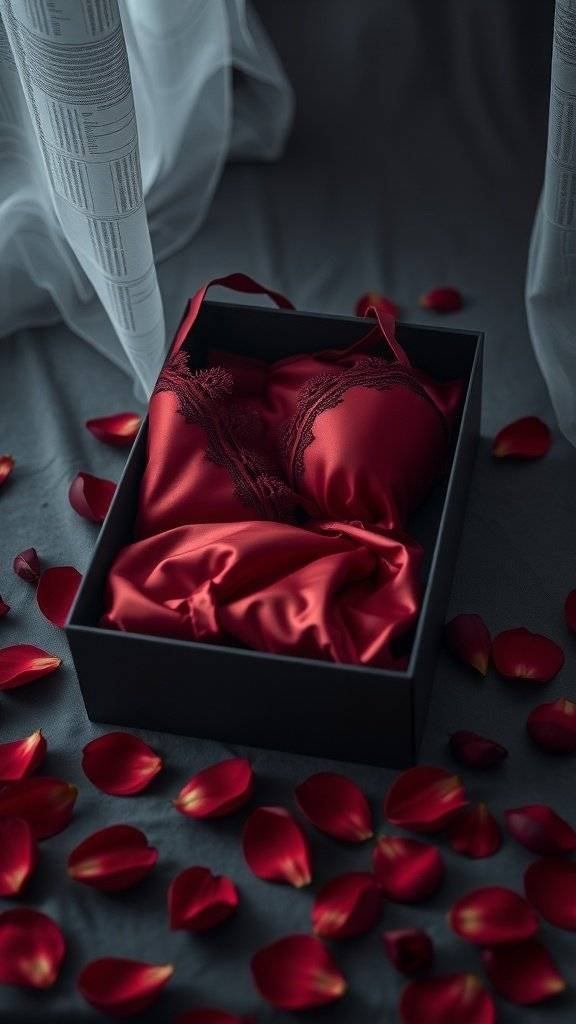 Crimson silk lingerie gift set in a black box surrounded by rose petals