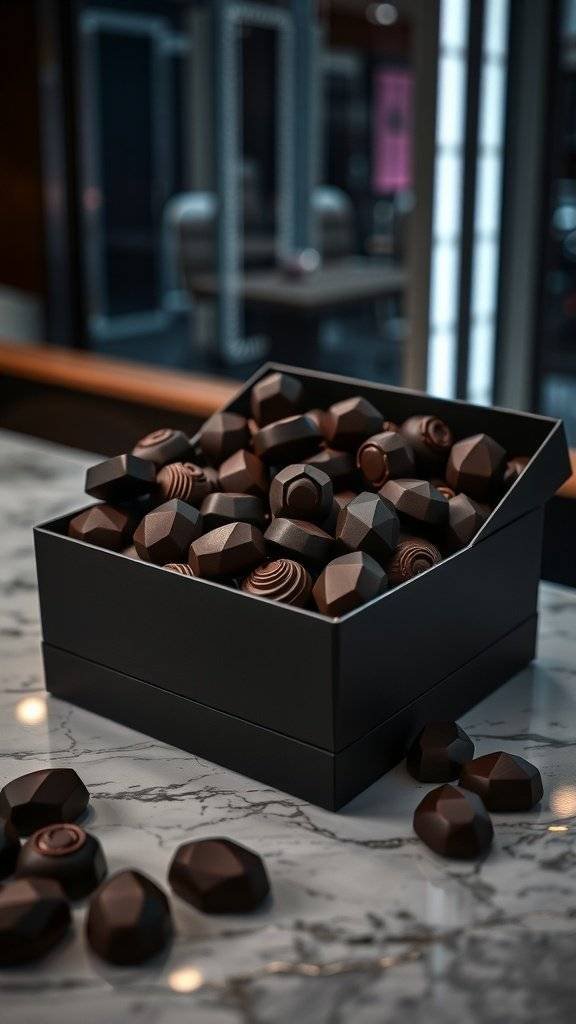 A black box filled with diamond-shaped dark chocolates on a marble surface.