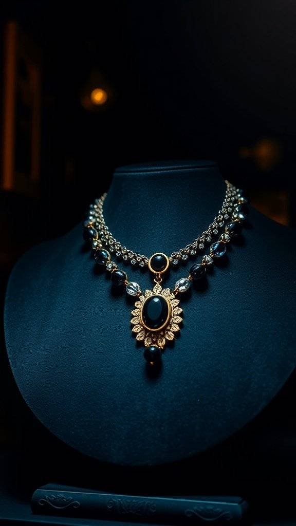 A gold and onyx necklace displayed elegantly on a black stand, showcasing its intricate design.