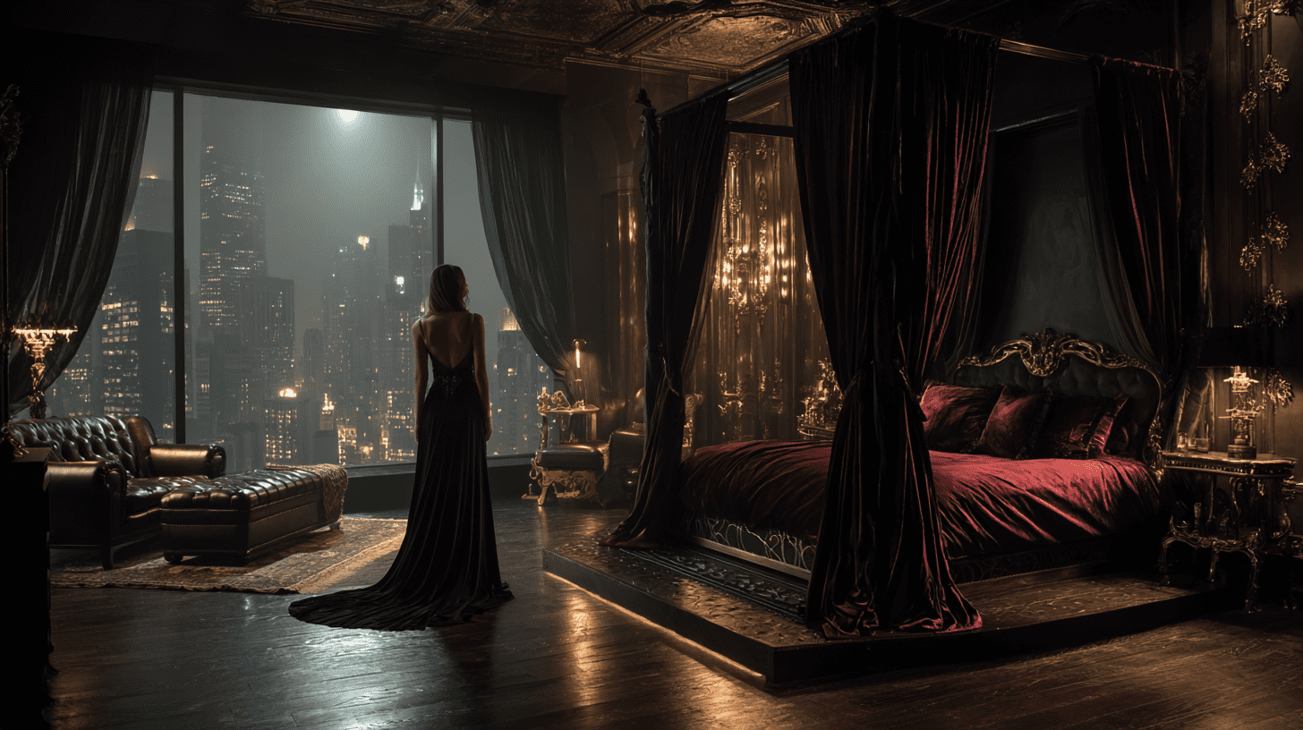 Bedroom Curtain Decorating Ideas with Dark Gotham Glamour