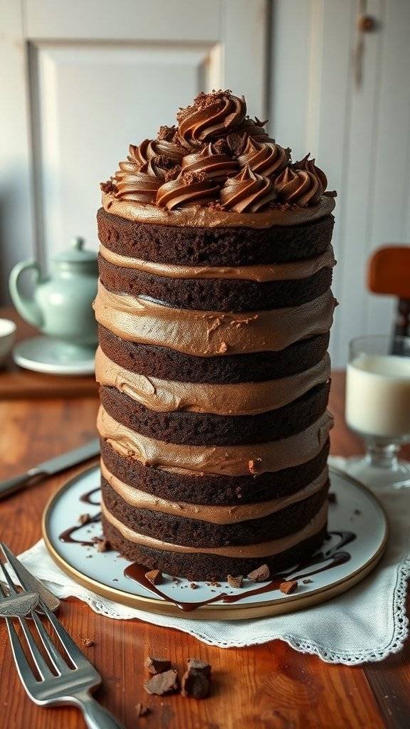 A tall chocolate layer cake with rich frosting, perfect for Easter celebrations.