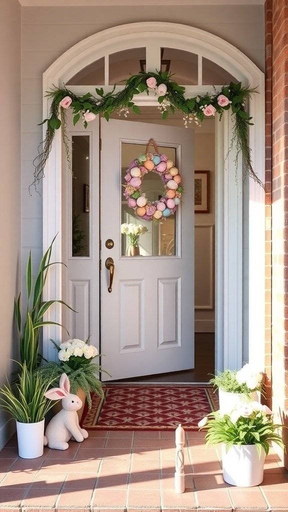 A colorful Easter entryway featuring a wreath, bunny decorations, and flower arrangements.