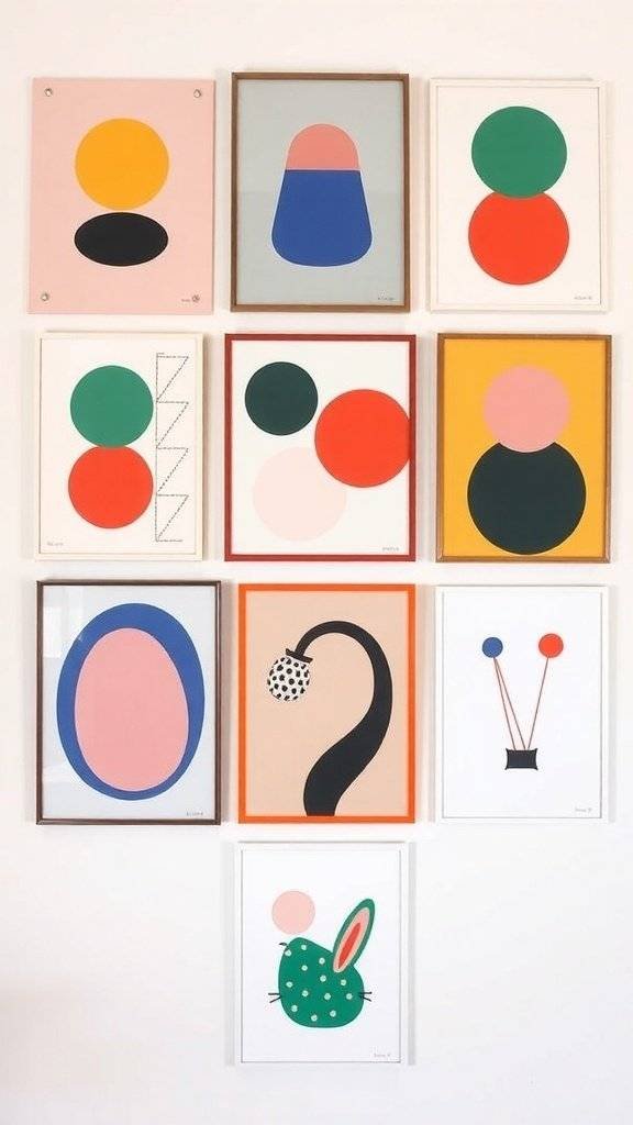 A colorful wall collage featuring Easter-themed prints in a 1960s style.