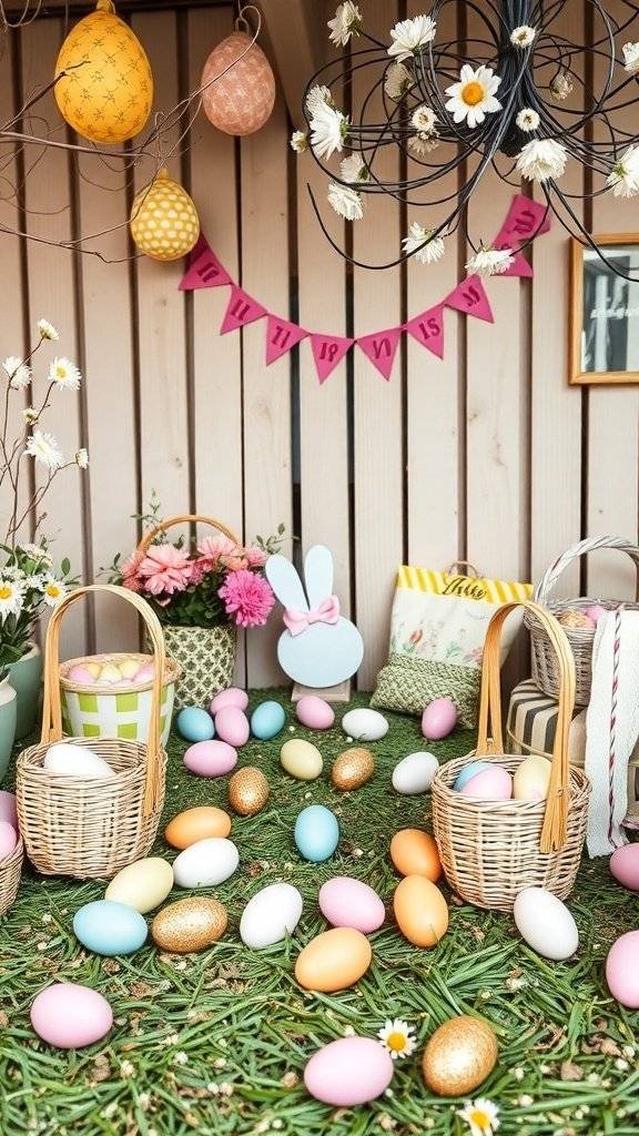 A vintage-inspired Easter egg hunt setup with colorful eggs, wicker baskets, and cheerful decorations.