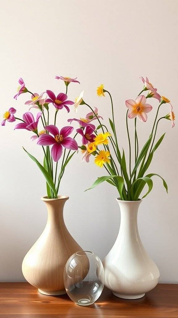 Two curved vases with colorful flowers, one wooden and one white, on a wooden table.