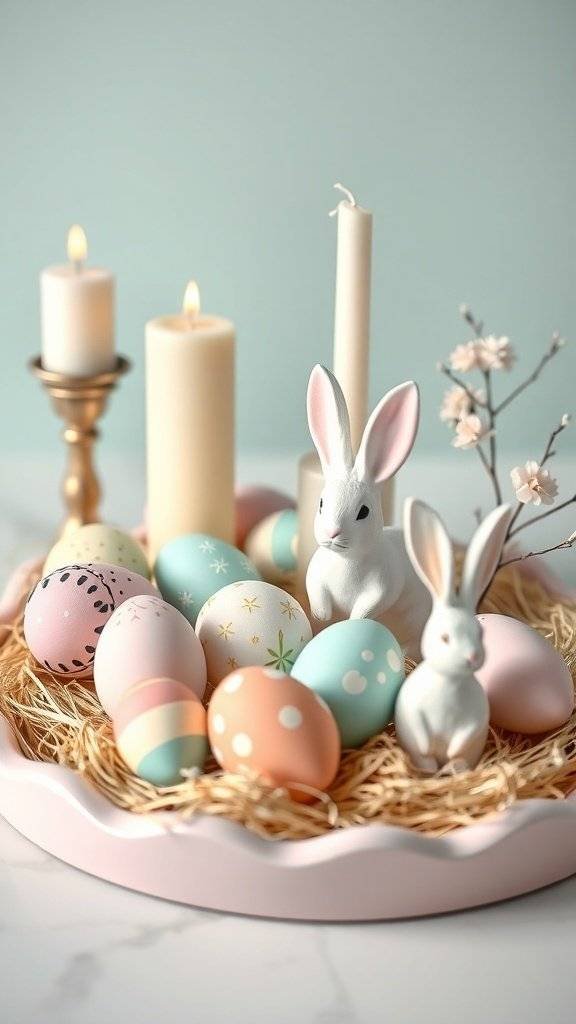 A pastel Easter tray featuring decorated eggs, bunny figurines, and candles.