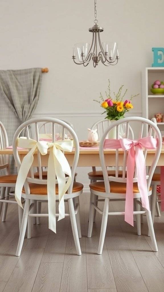 A dining table with retro chairs decorated with pastel ribbons, featuring a bouquet of flowers.