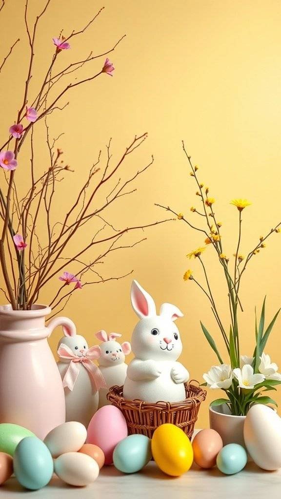 Easter decorations featuring pastel eggs, bunny figurines, and flowers against a yellow background