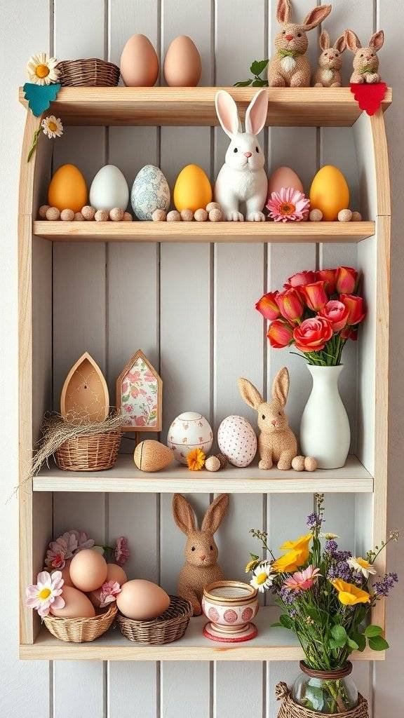 A wooden shelf decorated for Easter with colorful eggs, bunny figurines, and flowers.