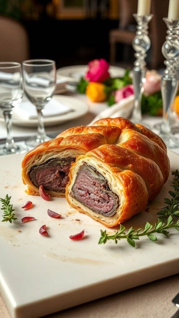 A beautifully baked Beef Wellington on a serving platter, garnished with herbs.